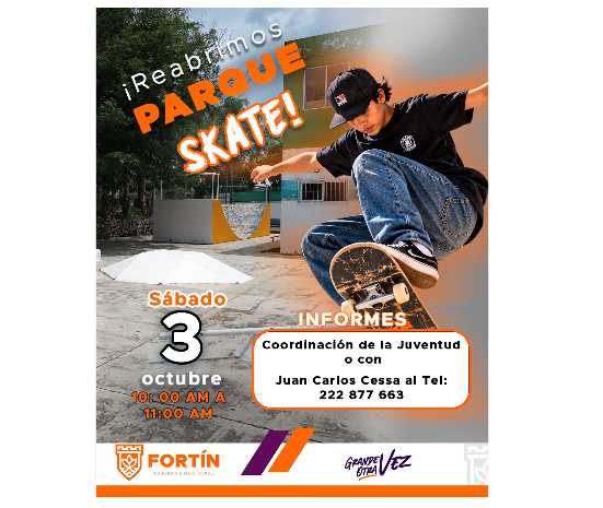 Fortín reabrirá el Parque Skate con actividades gratuitas para toda la familia