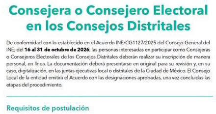 Abre INE registro para integrar los Consejos Distritales Electorales en Veracruz